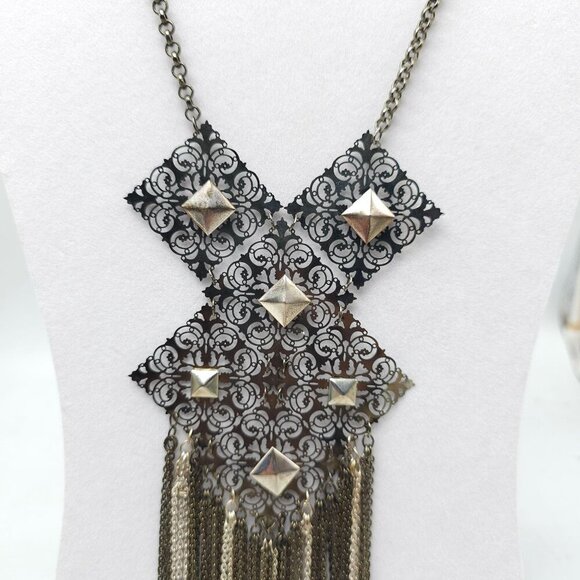 Vintage Boho Chic Long Fringe Necklace With Geometric Metal Accents - Picture 2 of 5